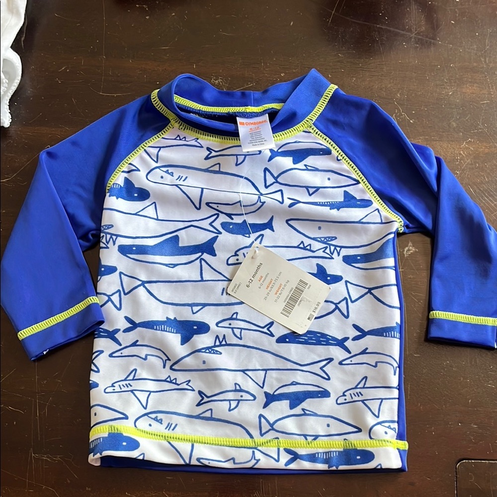 NWT Gymboree 6-12 months Blue Shark Print Swim Shirt baby
